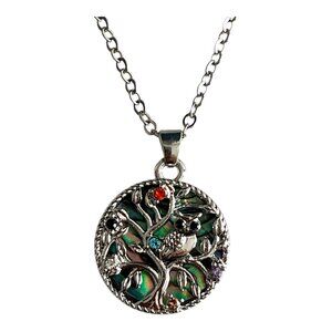 Tree of Life Owl Pendant Necklace with Abalone Shell Inlay & Multicolor Rhinesto